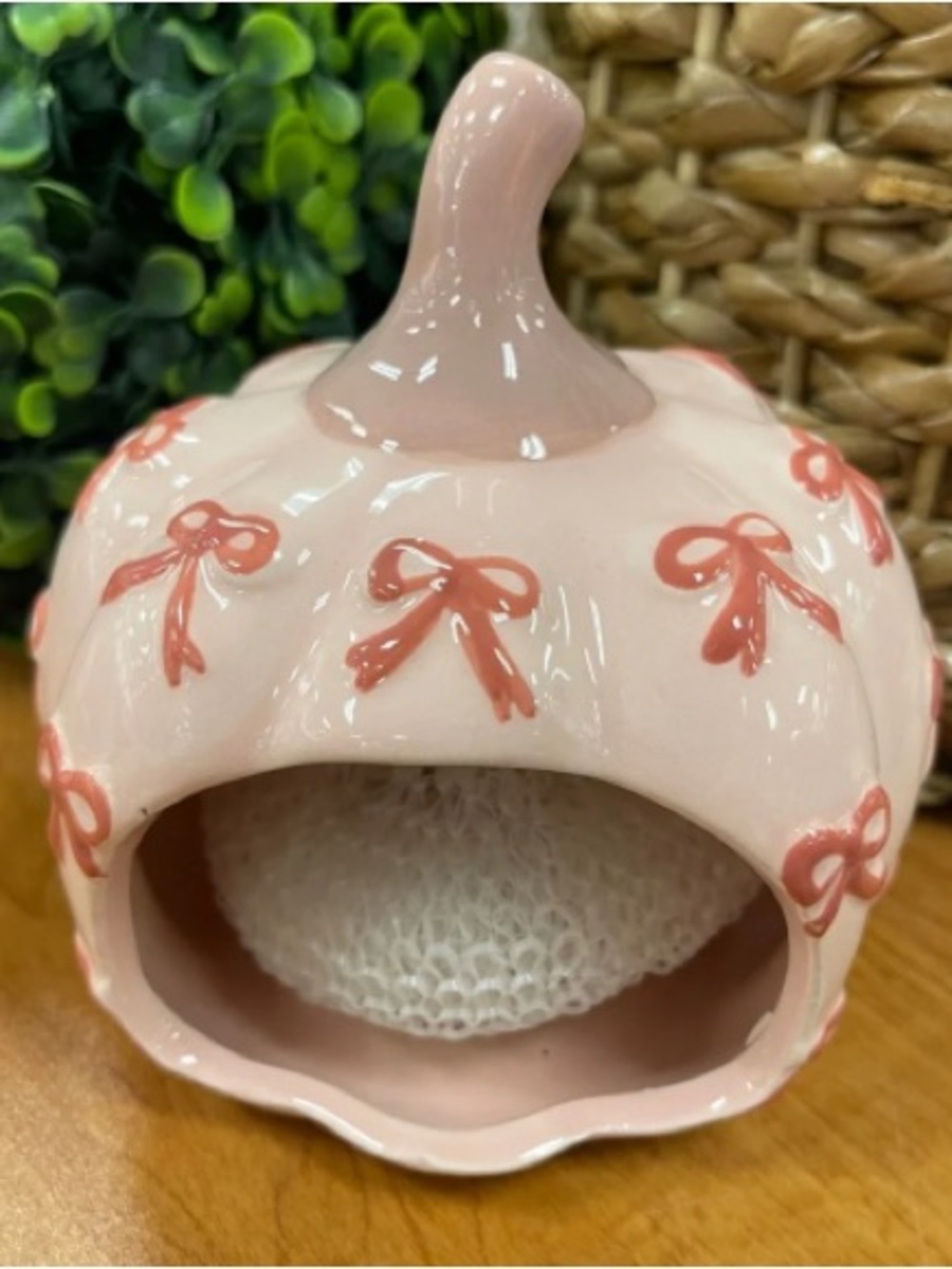 Pink Ceramic Pumpkin Napkin Holder with Coral Bow Accents
